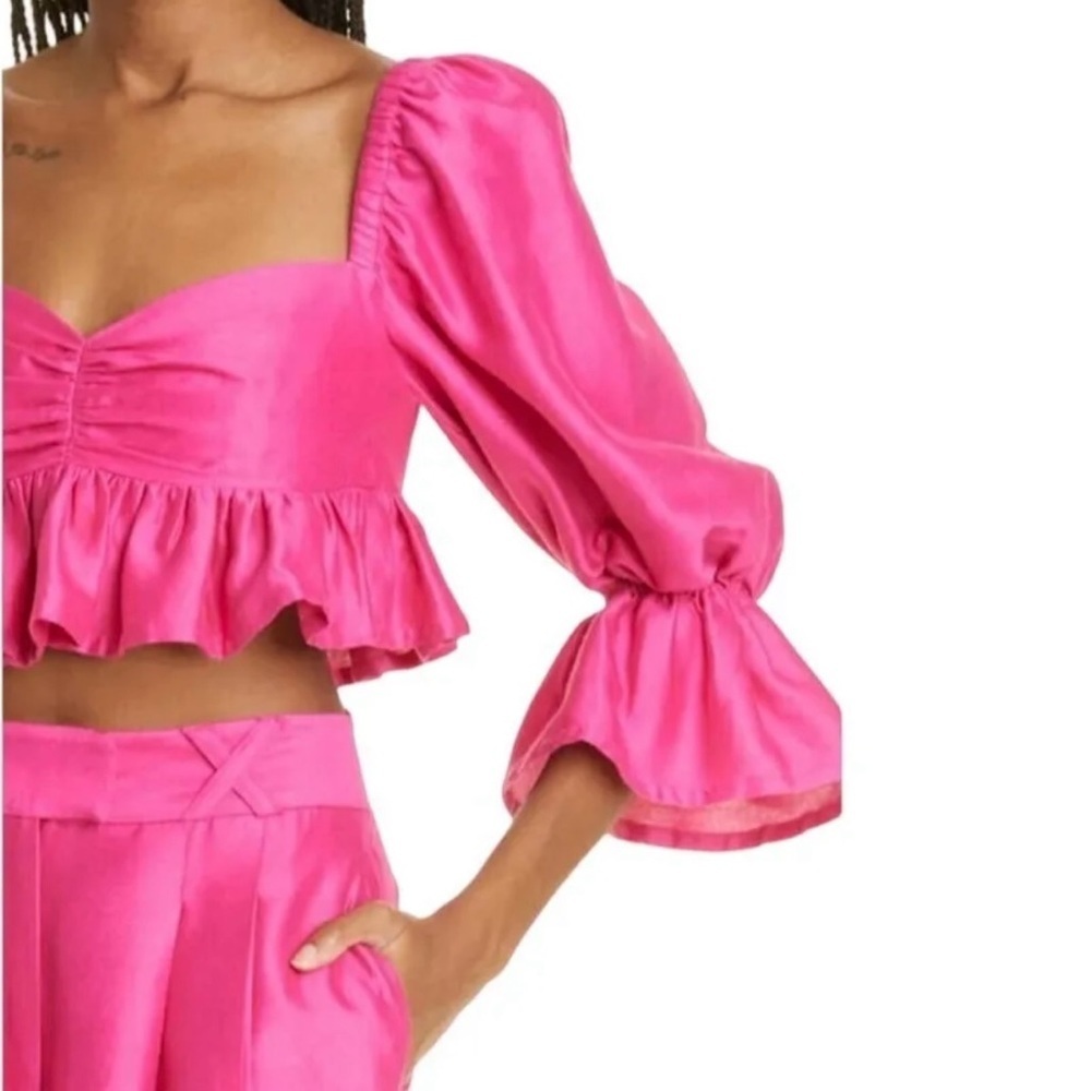 NWOT $295 ALEMAIS Blaire Ruffle Blouson Crop Top Fuchsia Button Back US 2